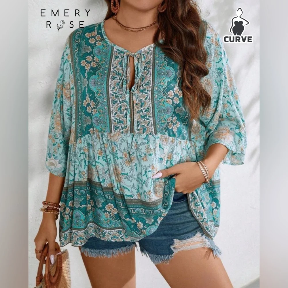 Teal Blue V-Neck Boho Blouse - Picture 1 of 6